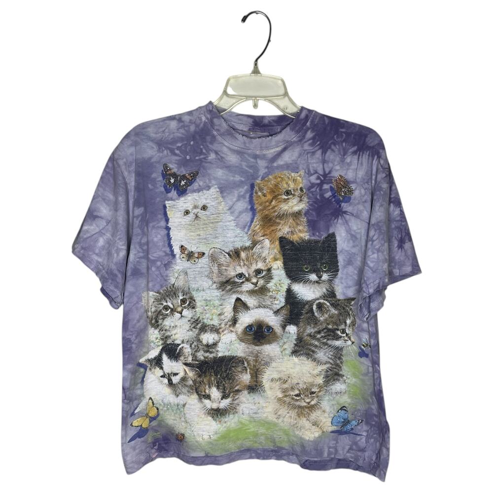 Y2K 10 Kittens Thrashed Tee Womens M Tie Dye Purple Crewneck Distressed Shirt